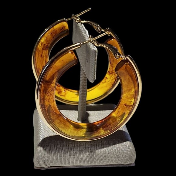 Butterscotch Resin Hoop Earring With Gold Plated Outline 1.64in - Picture 10 of 14